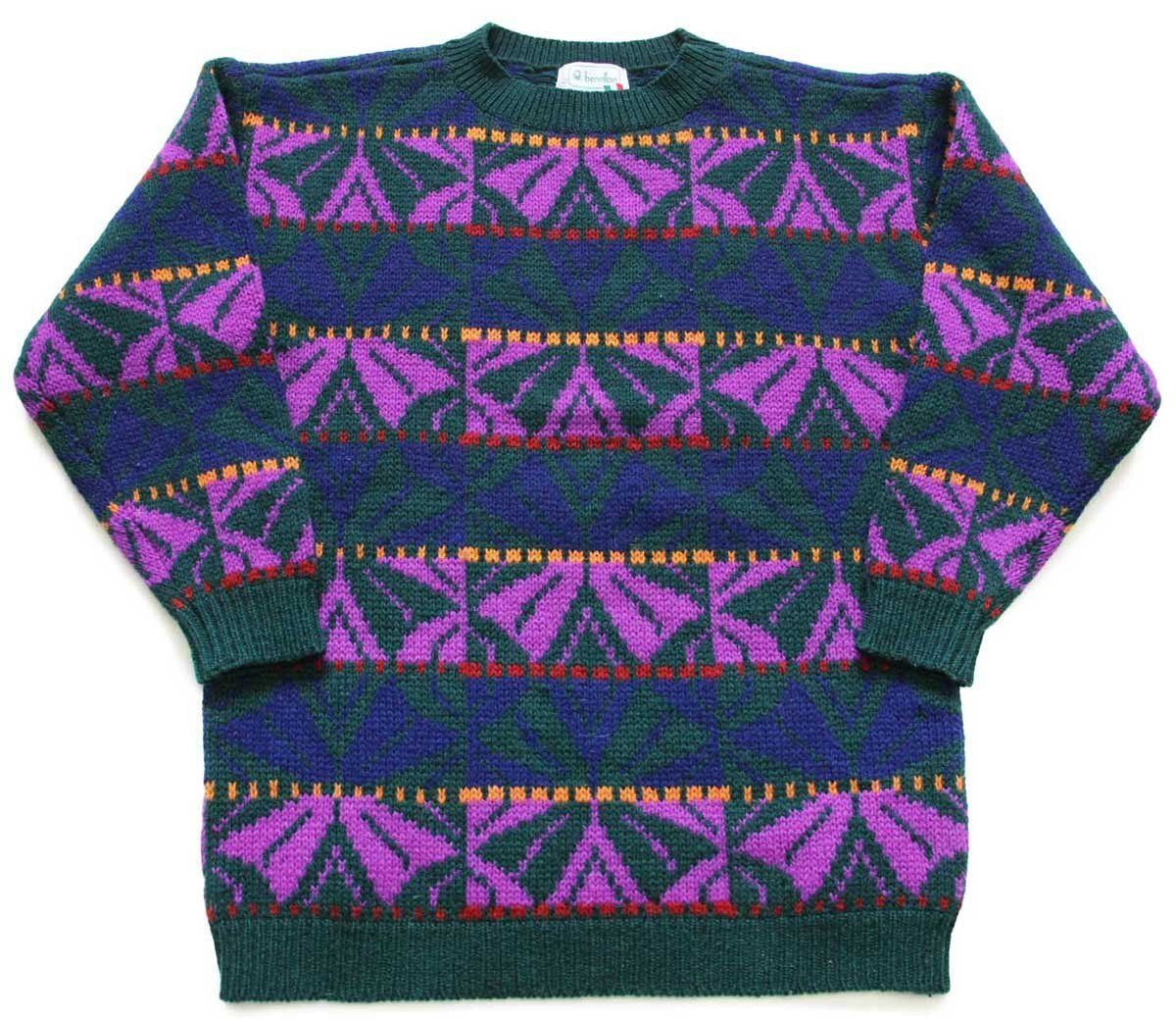 【イタリア製、希少】Benetton ベネトン　ニット　花柄　一輪　ピンクXL 80s benettonベネトン 総柄 ウールニット セーター 46☆オールド