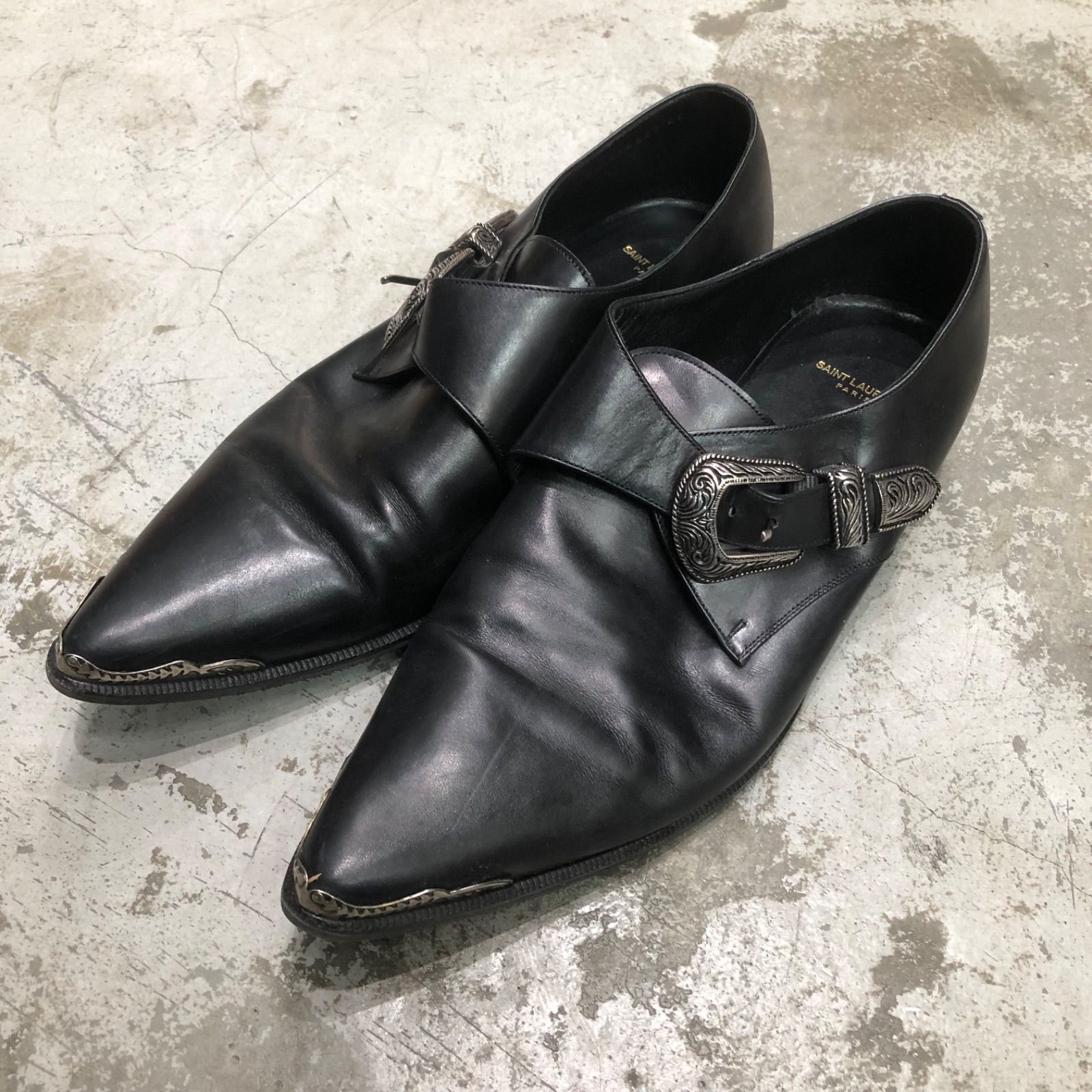 SAINT LAURENT PARIS 14SS ウエスタンバックル レザー シューズ 短靴 