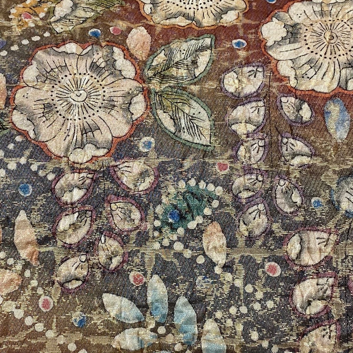 袋帯 美品 秀品 辻が花 金彩 青灰色 お太鼓柄 正絹 【中古