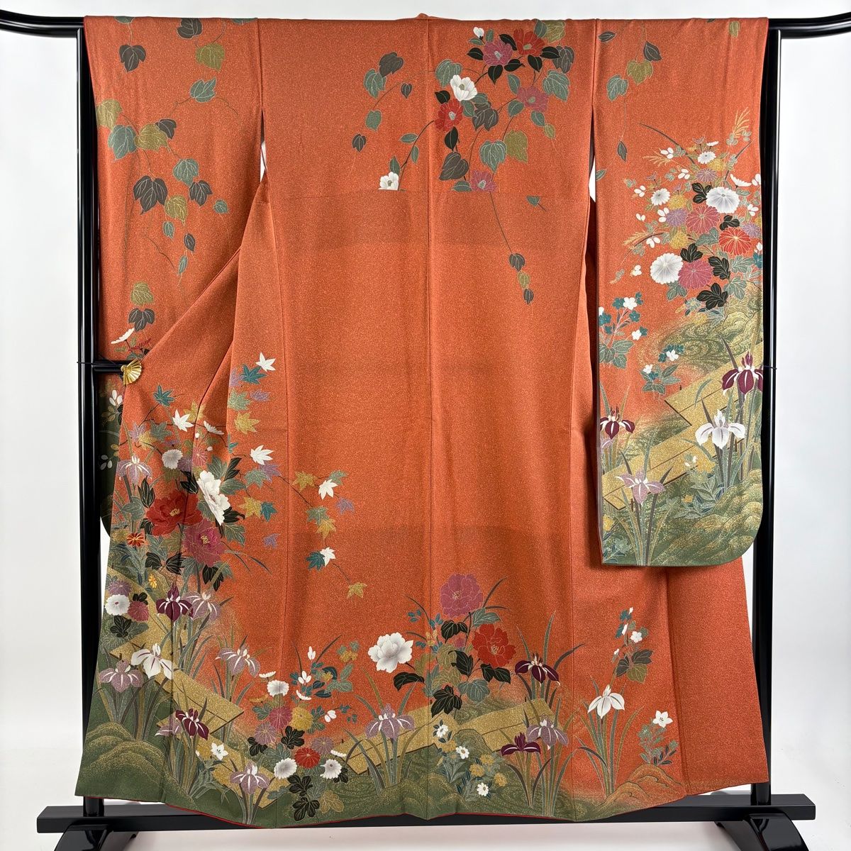 正絹振袖 京紅型風 緑 織部色 身丈156cm 裄69cm 振袖 身丈163.5cm 裄丈66.5cm M 袷 袋帯フルセット 牡丹 金彩