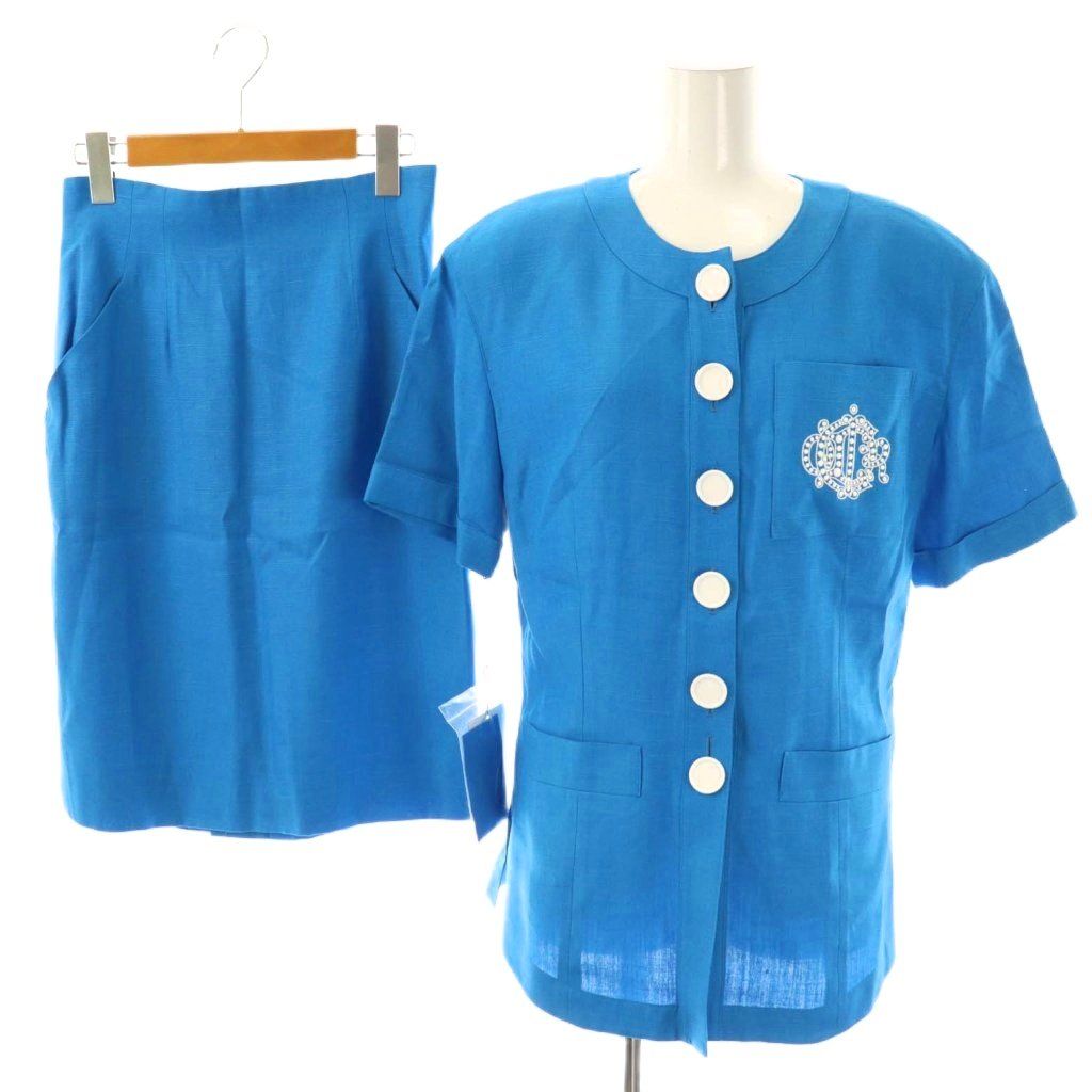 クリスチャンディオール Christian Dior ヴィンテージ マリン スーツ セットアップ ジャケット タイトスカート リネン混 11 ターコイズブルー |ES