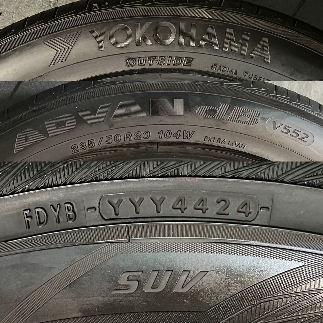 積み重ね 製 約8.2~9.3分山 ヨコハマ YOKOHAMA アドバン ADVANdB V552 SUV 235 50R20 4本 h_534 送料無料。