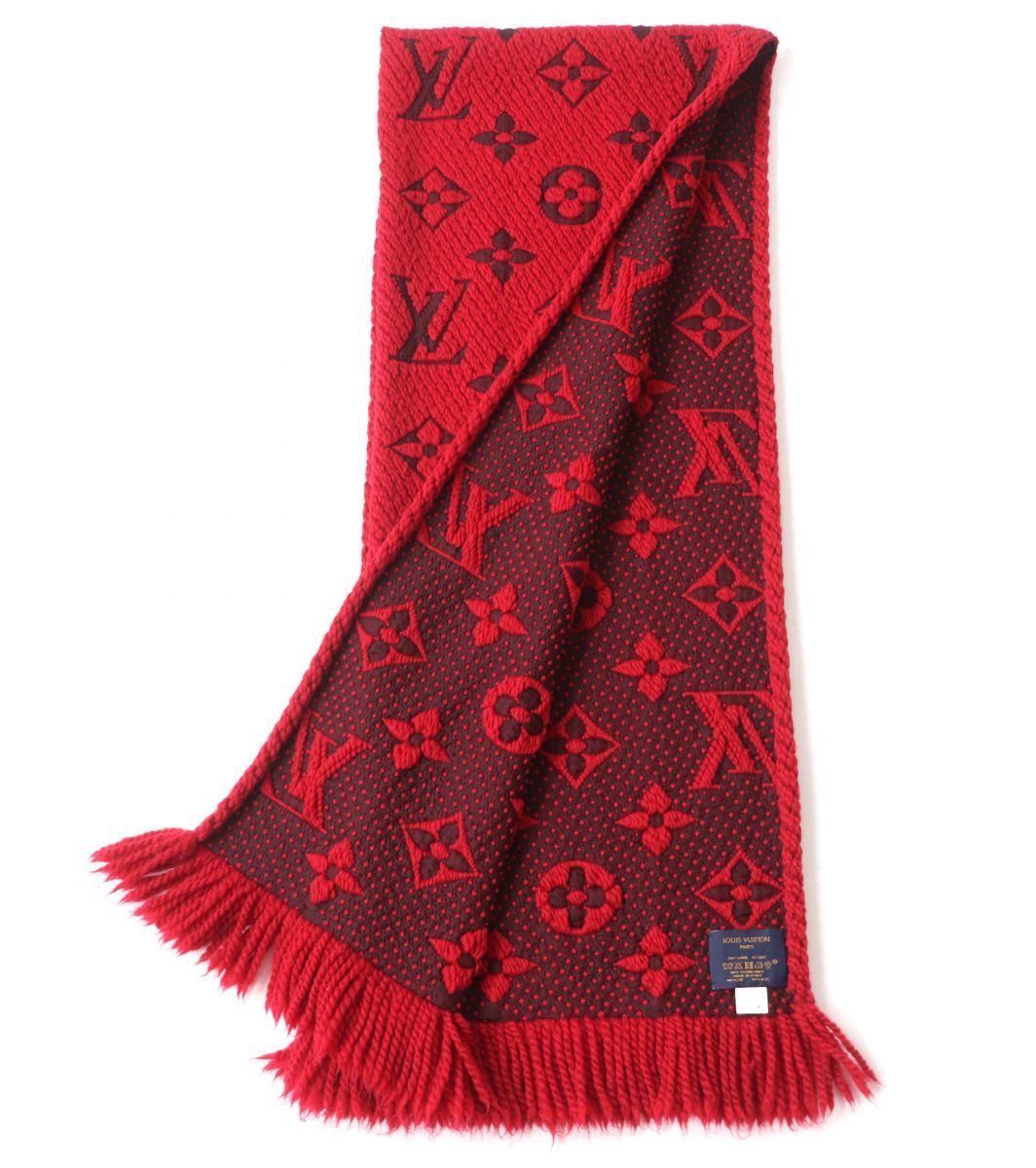 極美品△正規品 LOUIS VUITTON ルイヴィトン 2021年 M72432 エシャルプ ロゴマニア モノグラム柄 シルク混 ニットマフラー ルビー 赤 伊製約154cmフリンジ