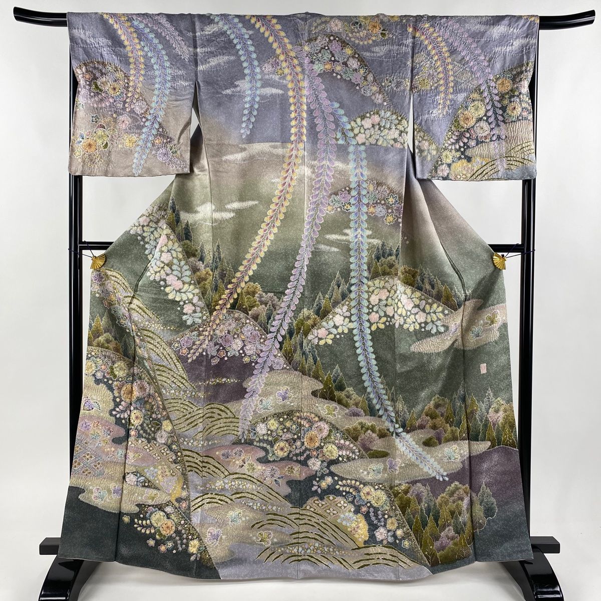 訪問着 身丈165cm 裄丈66cm M 袷 翠山工房 落款 辻が花 銀通し 金彩 灰紫 正絹