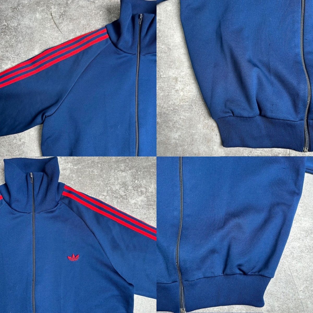 adidas トレフォイルロゴ　トラックジャケット　80年代ネイビー／レッド 80s adidas トラックジャケット 長襟 刺繍ロゴ トレフォイル