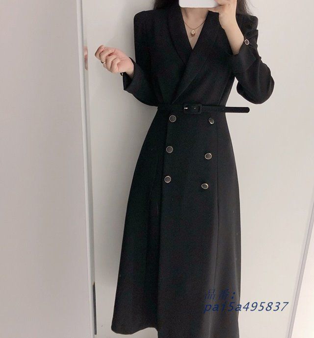 ワンピース 長袖 ジャケット ロング ミモレ丈 襟付き 春 ワンピース 春 秋 ワンピース Vネック 無地 ベルト付き きれいめ シンプル 白黒 ワンピースコート pai5a495837