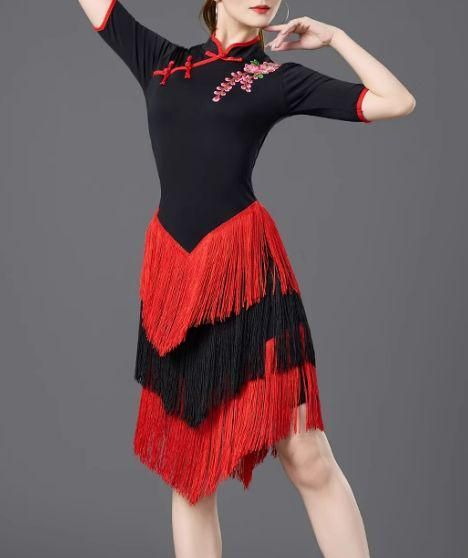 社交ダンスドレス ラテンドレス 半袖 フリンジ 競技 オーダーメイド
