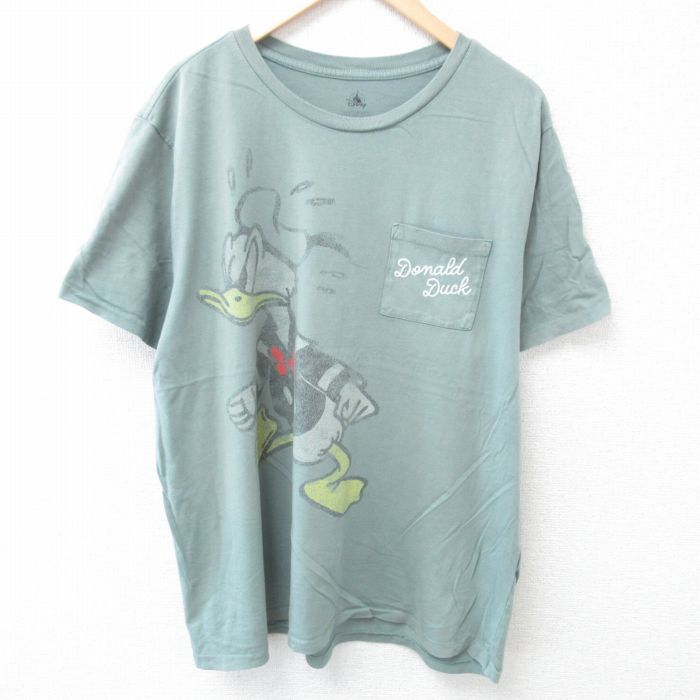 XL/古着 半袖 Tシャツ メンズ ディズニー DISNEY ドナルド 胸ポケット付き 大きいサイズ コットン クルーネック 薄緑 グリーン spe 24jun08