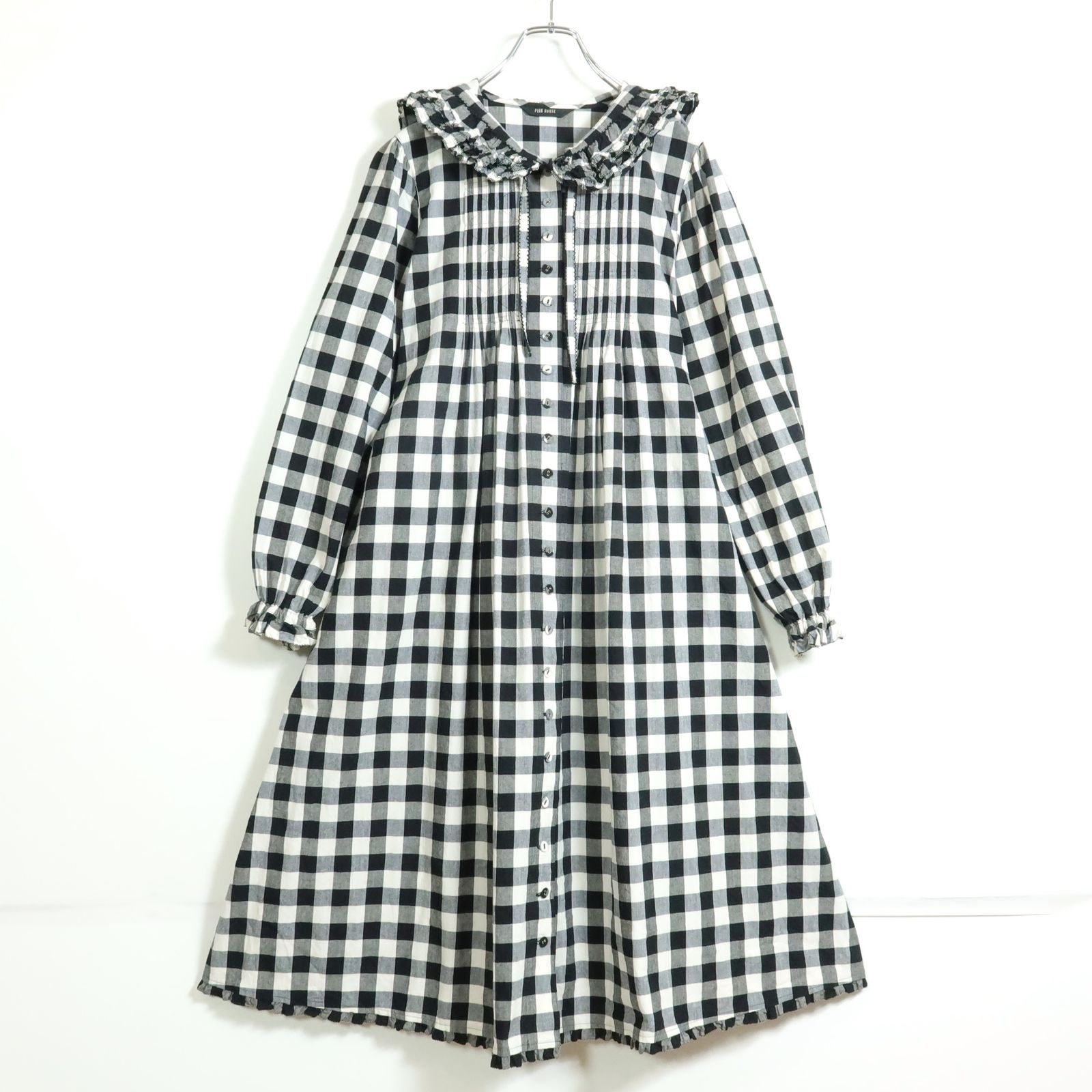 ピンクハウス 黒×白ギンガムチェック 豪華ワンピース/クリーニング済み 美品！】ピンクハウス☆ゆったりフォルム♪フード付きワンピース