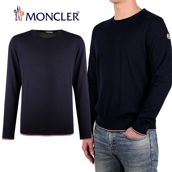 3 MONCLER ネイビー トリコロールライン クルーネック ニット