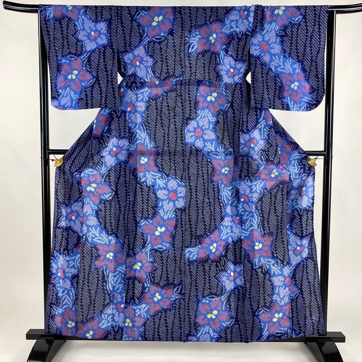 浴衣 身丈159cm 裄丈65cm M 絞り浴衣 草花 幾何学模様 青 綿 名品