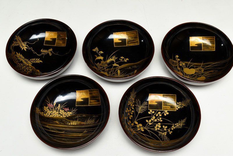 蔵C9321f 塗師 貴志川作 溜塗見返絵替草花文蒔絵 吸物椀 十客 共箱 IMPECCABLEHEALTHCARESERVICES_COM