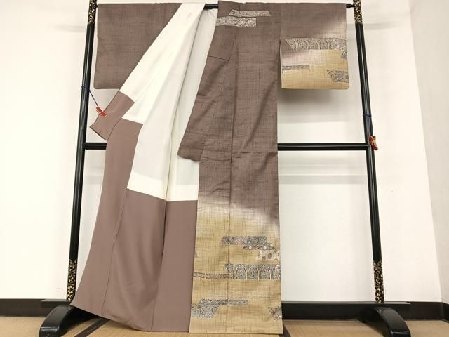 平和屋着物○染織の名門 しょうざん 生紬 訪問着 横段更紗花文 暈し