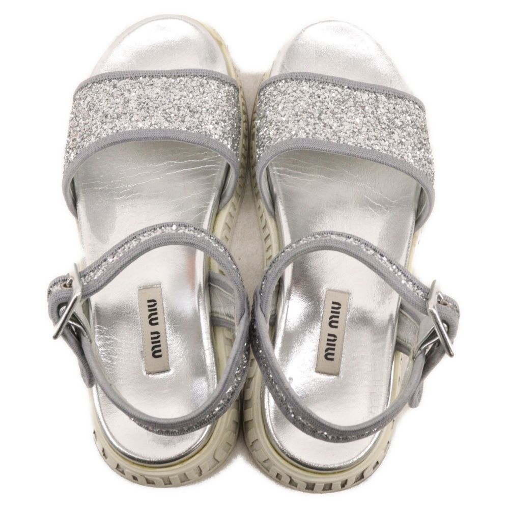 miumiu (ミュウミュウ) オープントゥー グリッターサンダル シルバー