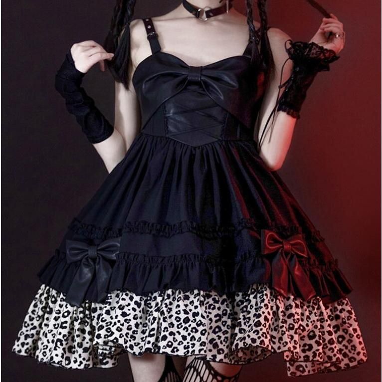 ジャンパースカート ロリータ ワンピース パンク ゴシック ゴスロリ ロリータ ドレス ショート丈 膝丈 暗黒系 ロリータ服 lolita フェイクレザー切替 ワンピース