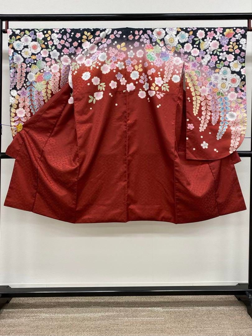 ☆ 振袖 総絞り 波模様に蝶々 花模様 菊 黒色 トールサイズ K-5454 振袖 総絞り 波模様に蝶々 花模様 菊 黒色 金彩 トールサイズ K-5454