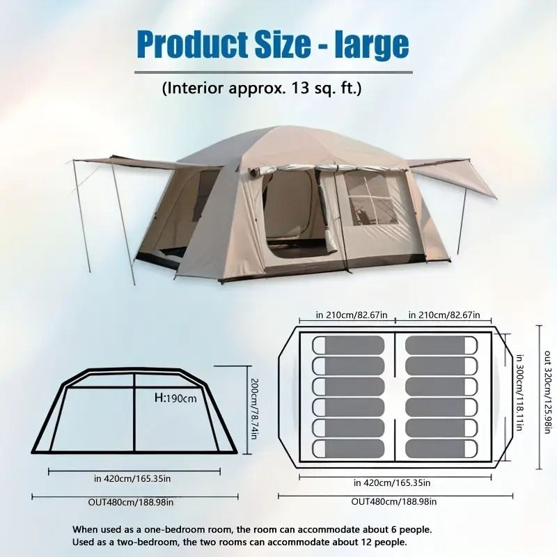 大型テント 二層構造 厚手シルバーコーティング リビングルーム付き 2ルームテント 耐水 耐候 ファミリー＆グループキャンプ用 6〜12人用