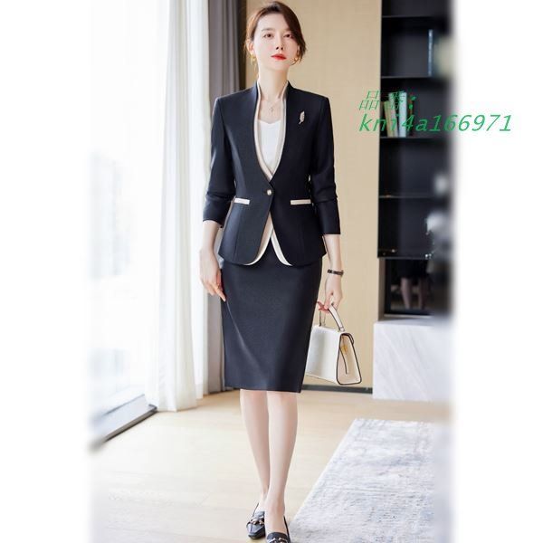 スーツ 結婚式 OL ビジネス 卒業式 入学式 4L オシャレバイカラー重ねる風ジャケット&スカートの2点セットレディーススーツ S 2L サイズ L セール M 3L kni4a166971