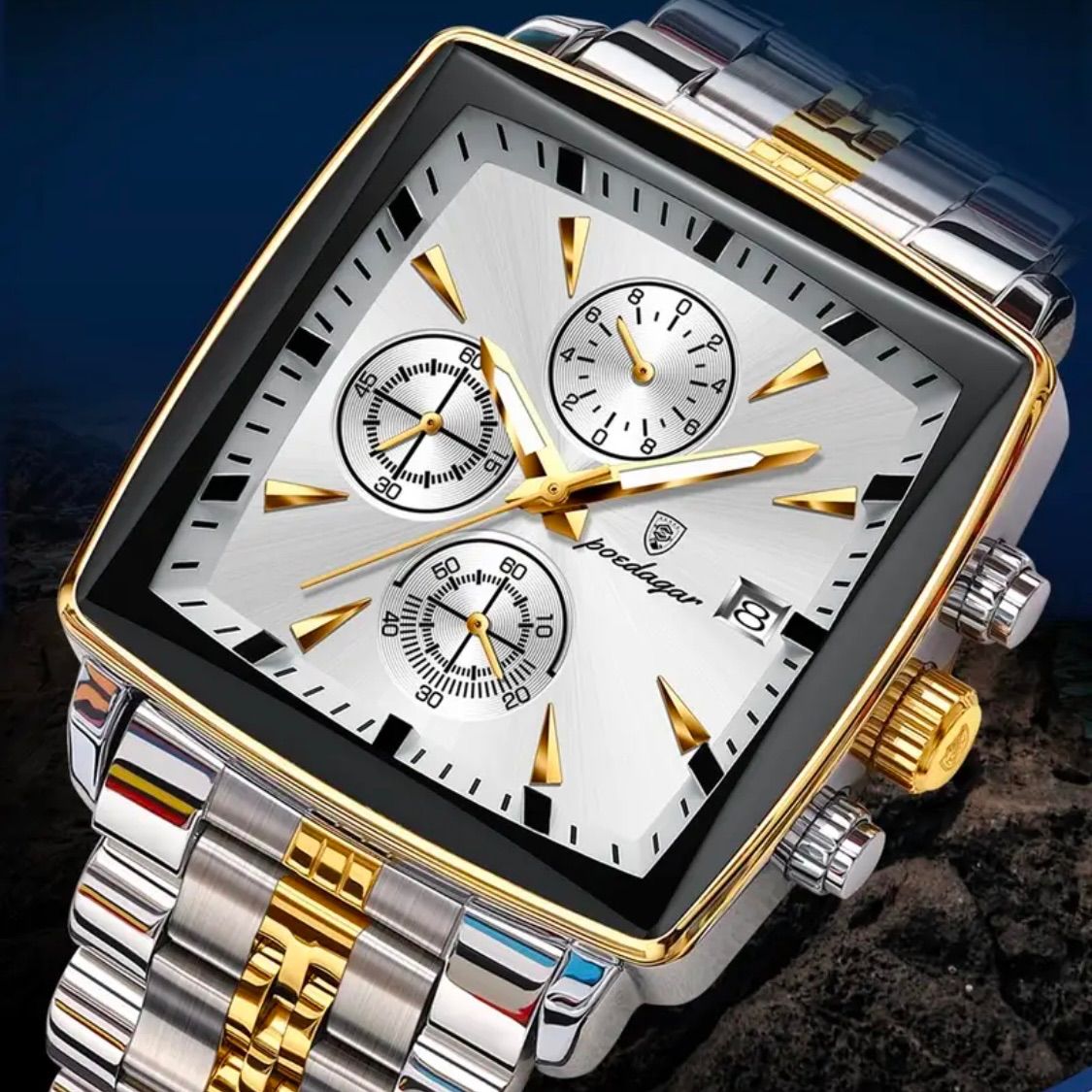 角型クロノグラフ　オマージュ品 新品 POEDAGAR オマージュウォッチ クロノグラフ ステンレスストラップ