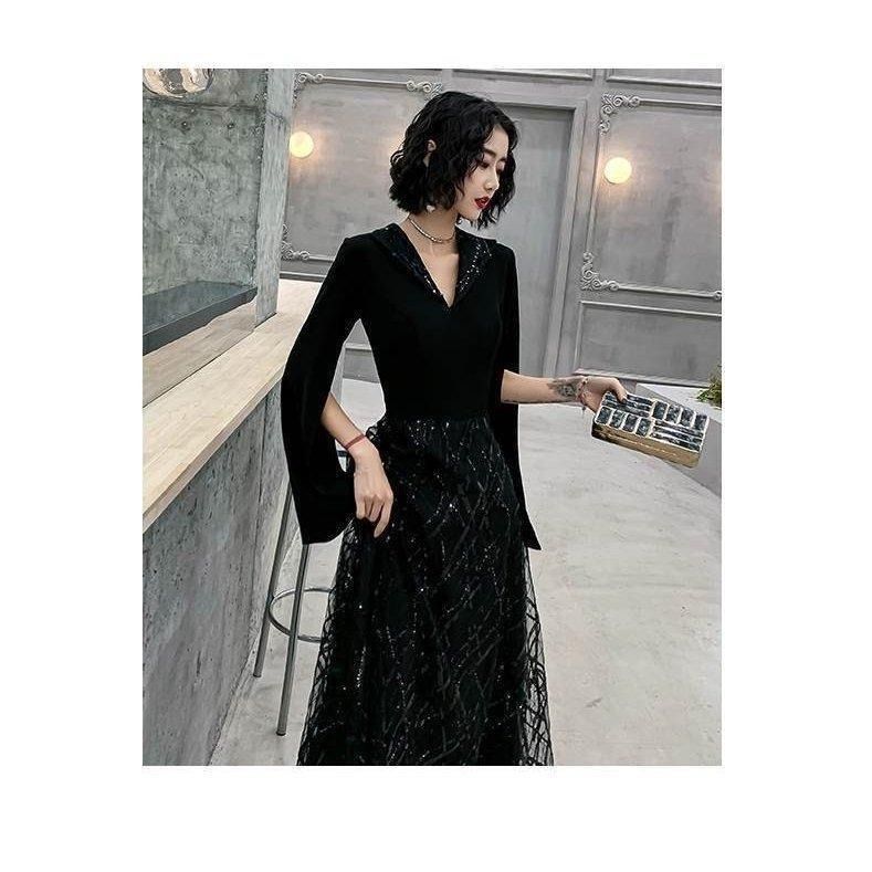 おしゃれ ロング ドレス パーティードレス 個性的 黒 袖あり カッコイイ vネック 結婚式 二次会 お呼ばれ フォーマル 演奏会 発表会大人