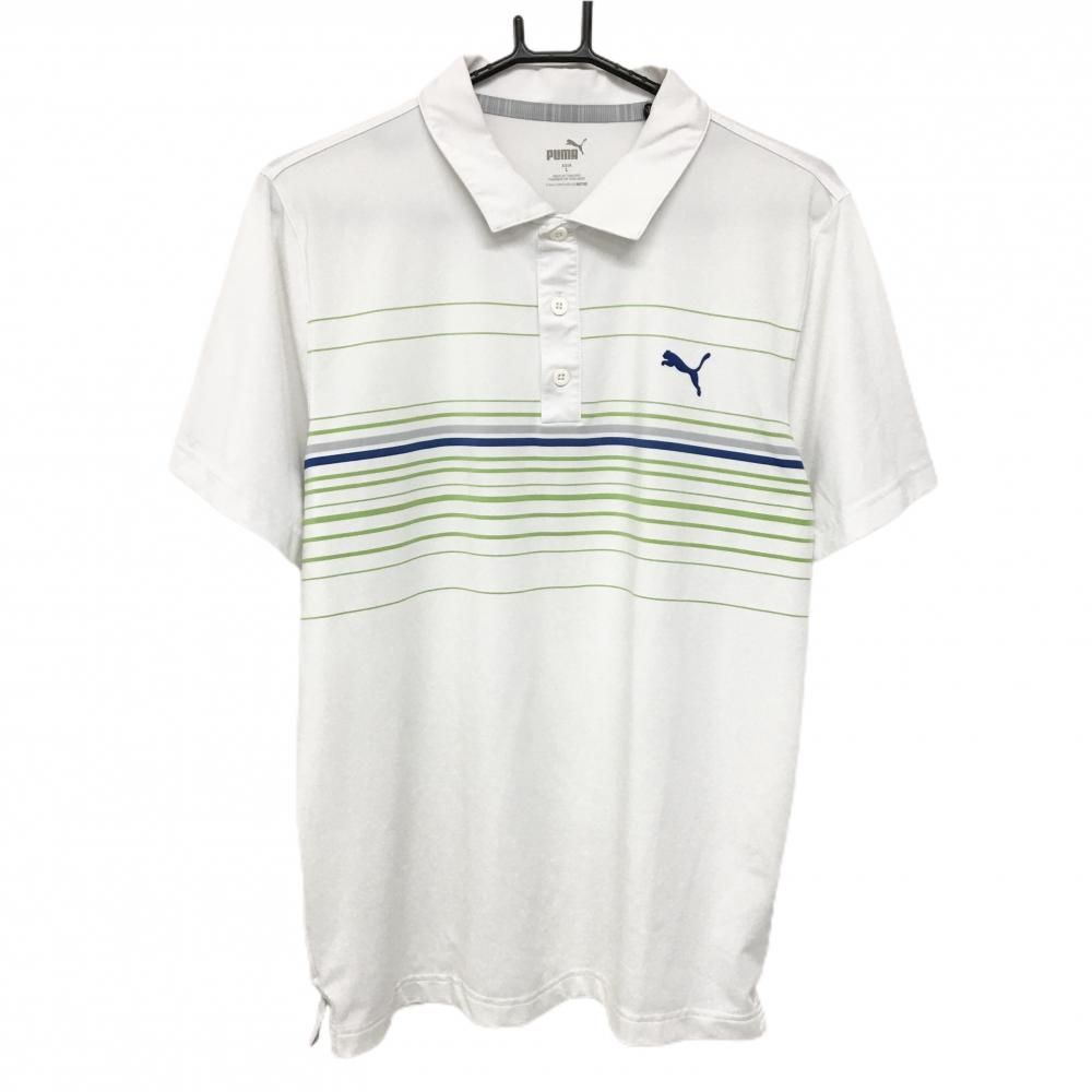 プーマ 半袖ポロシャツ 白×ライトグリーン×ネイビー 胸ボーダー  メンズ L ゴルフウェア PUMA