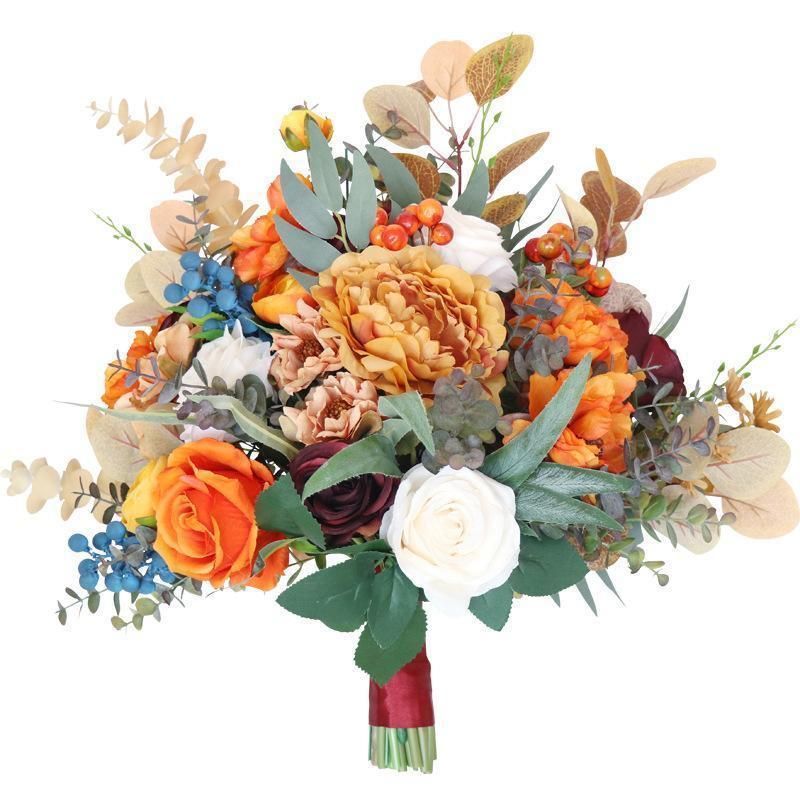 節約 高級 くすみオレンジ アーティフィシャルフラワーブーケ
