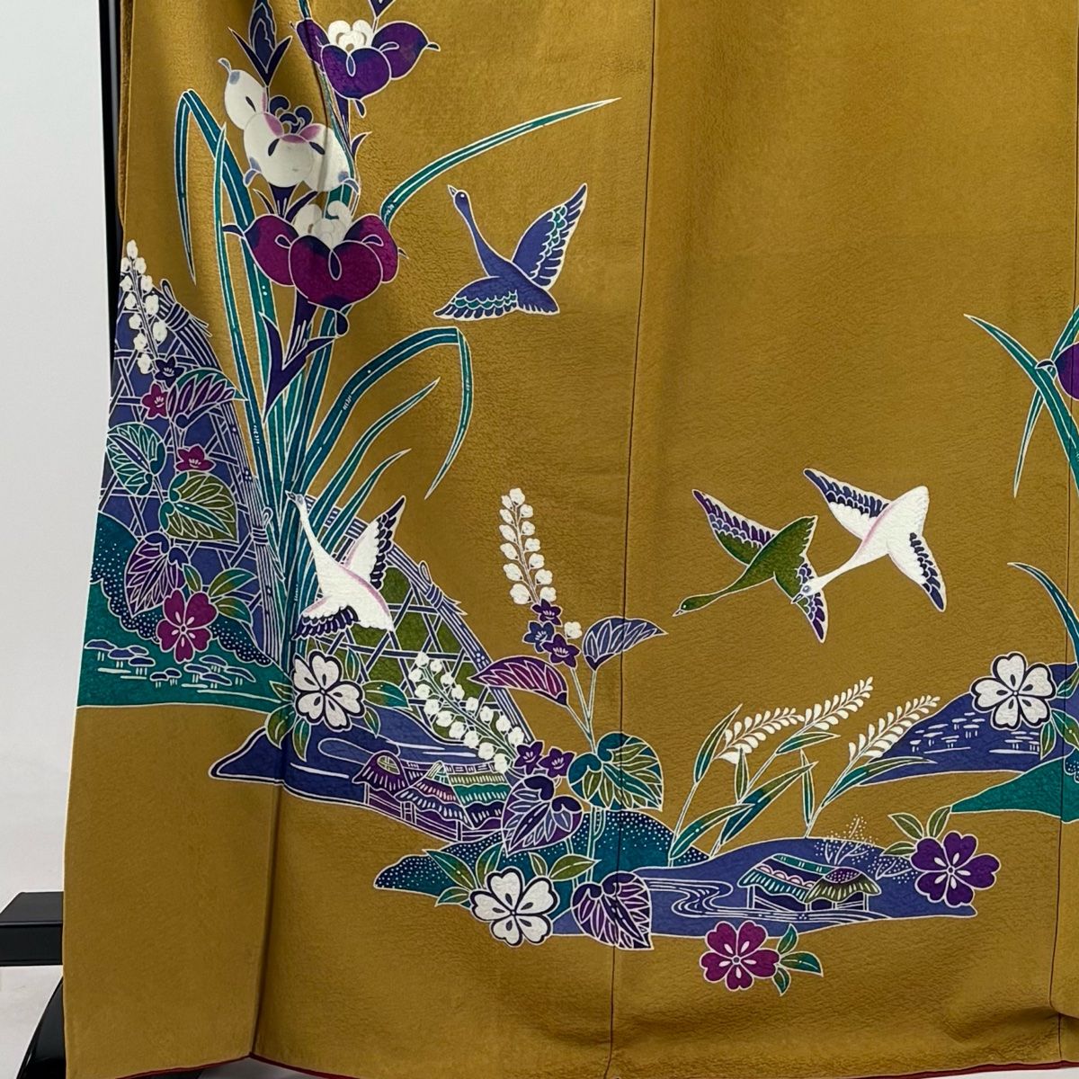 振袖 身丈169.5cm 裄丈67cm M 袷 鳥 菖蒲 山吹茶色 正絹 秀品