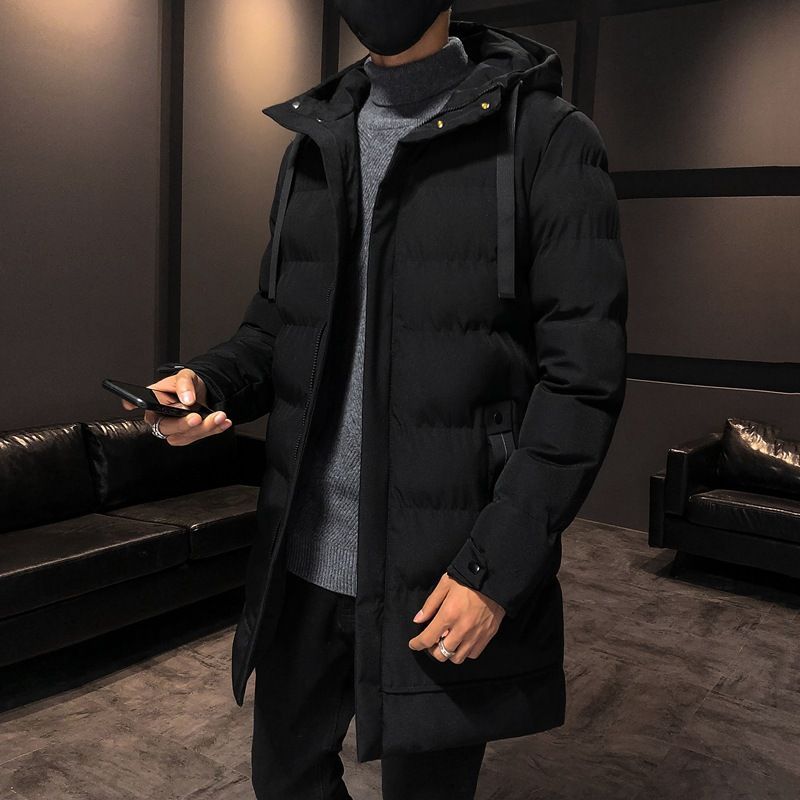 ロング丈コート メンズ メンズ中綿コート アウター　カバー　ジップアップ カジュアル　メンズカバー　中綿ジャケット　防寒　フード付き　秋冬コーデ ブラック