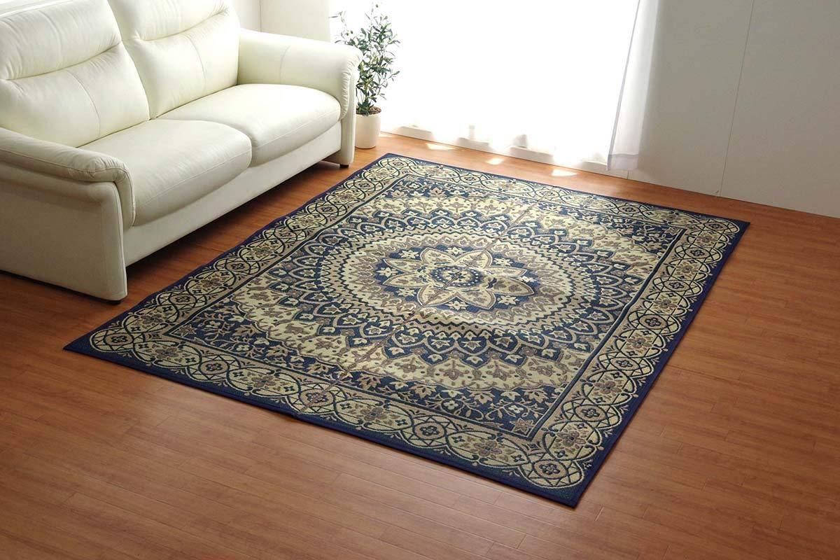 イケヒコ ラグ 長方形 夏用 ふっくら い草 サークル ネイビー