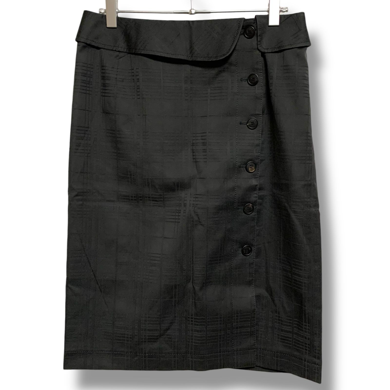 Aquascutum アクアスキュータム ブラック チェック柄 タイトスカート ペンシルスカート 綿85 ポリウレタン キュプラ 8F Mサイズ相当 レディース エレガント 001081H