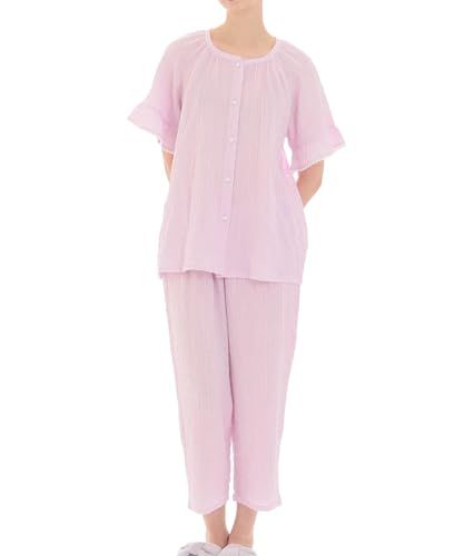 ナルエー パジャマセット シャーリングWガーゼ表ジャカードラグランスリーブパジャマ レディース パープル