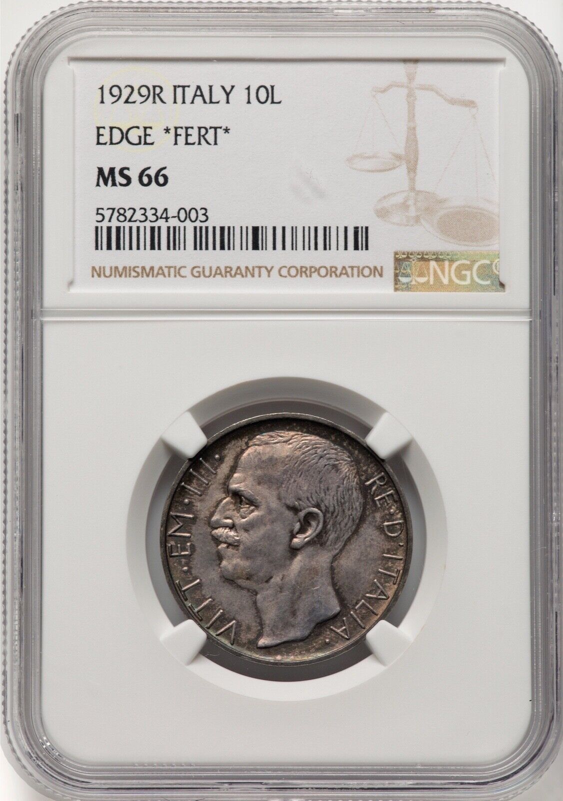 ITALY KINGDOM 1929-R 10 LIRE SILVER COIN SUPERB UNCIRCULATED CERTIFIED NCG MS66