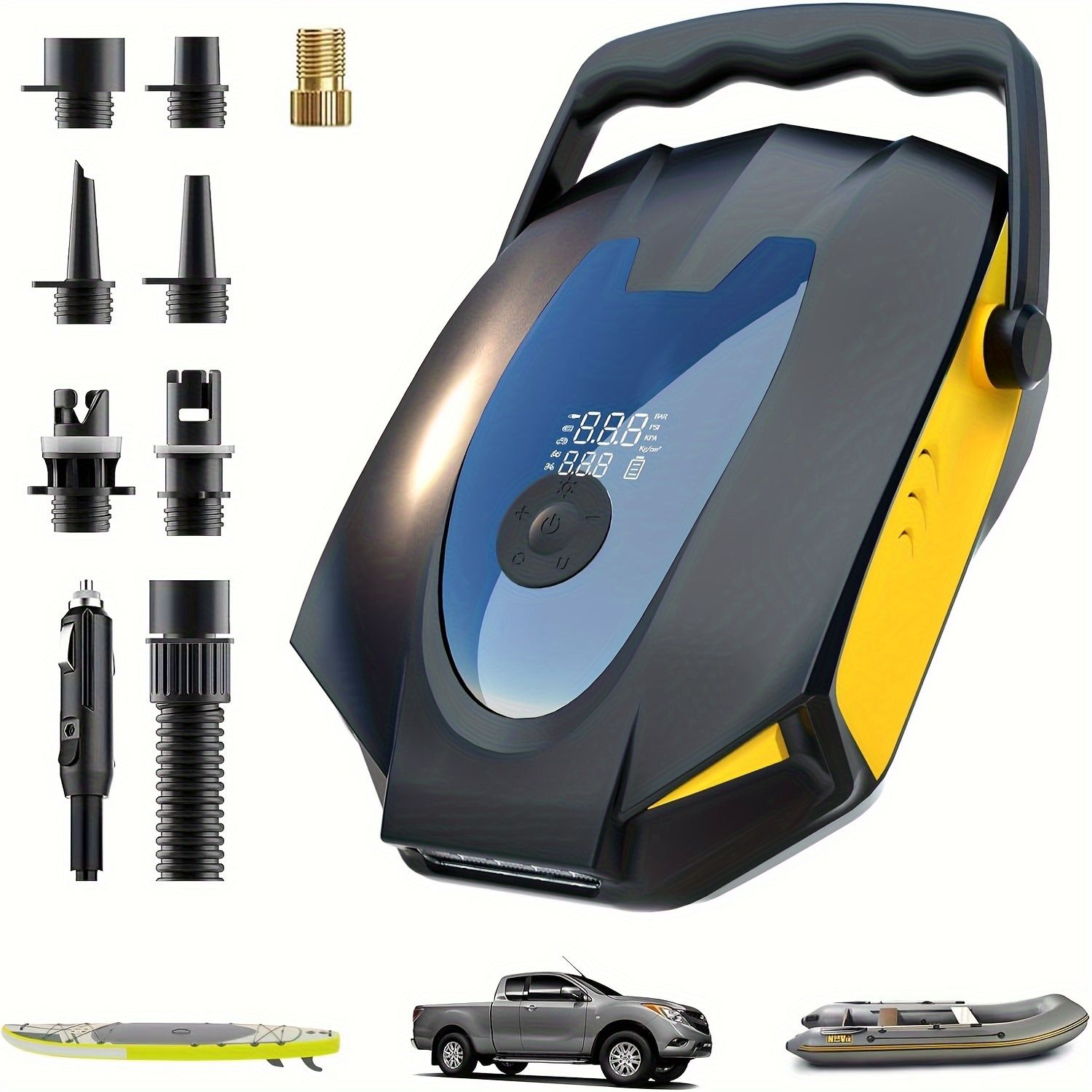 新着商品 旅行必需品 FreeLionVon ポータブル電動エアポンプ 内蔵7500mAバッテリー デュアル圧力設定 50PSI パドルボード カヤック エアマットレス タイヤに最適 - ブラックとイエロー USB充電 FreeLionVonFCv
