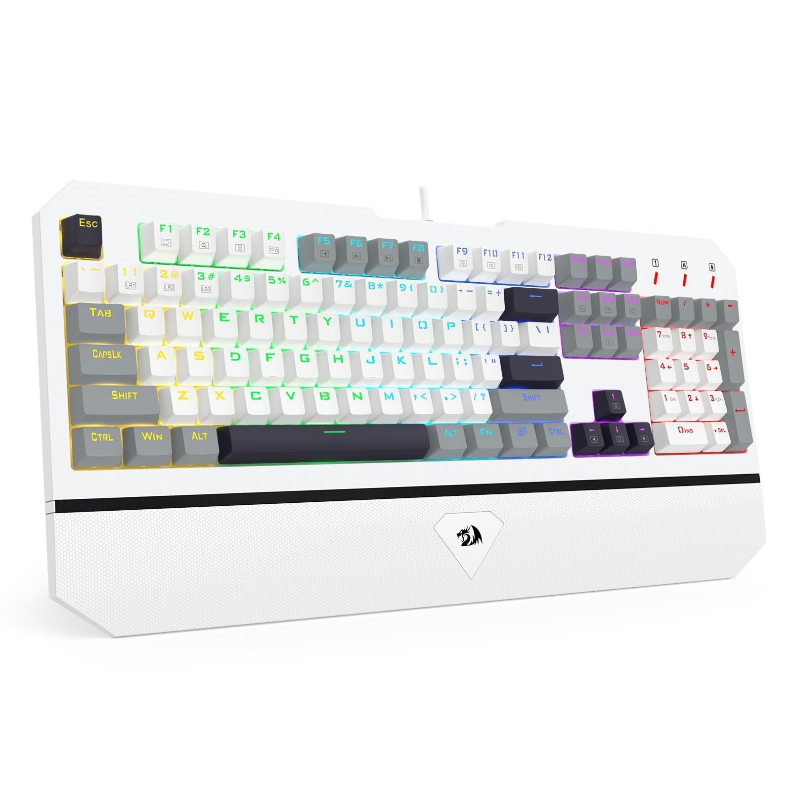 Redragon K558 ゲーミングキーボード 有線 青軸 英語配列 メカニカルキーボード Nキーロールオーバー対応 虹色LEDバックライト フルサイズ リストレスト付き 金属フレーム クリッキー 104キー 高耐久PBTキーキャップ Windows|