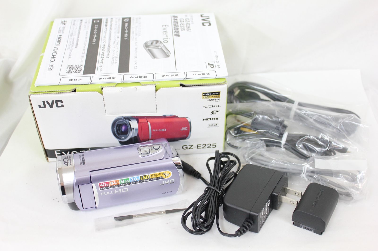 返品保証 録画再生 済み JVC Everio GZ-E225-V パープル 40x バッテリー 元 き ビデオカメラ M6505