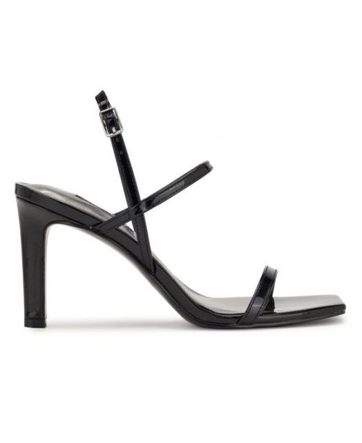 【送料無料】 ナインウェスト レディース サンダル シューズ Women's Olah Square Toe Heeled Dress Sandals Black Faux Patent Leather