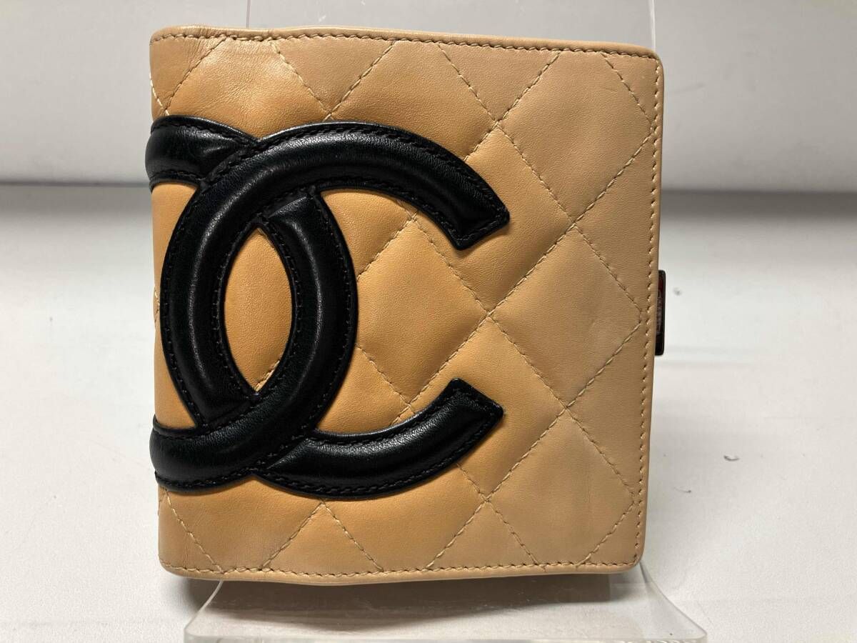CHANEL カンボンライン 2つ折財布 カーフスキン ベージュxブラック