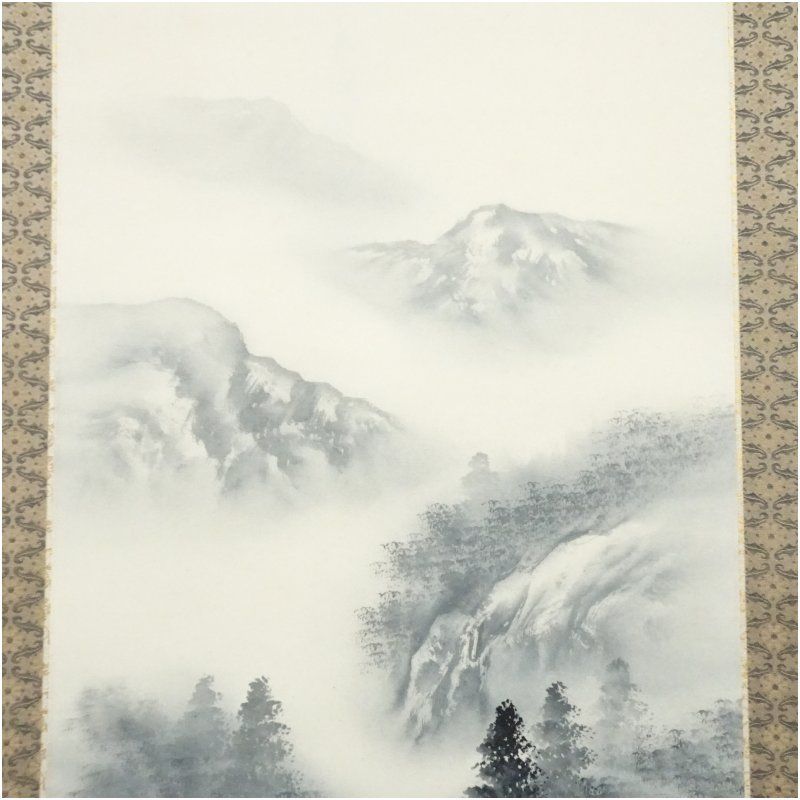 日本表装　掛軸水墨画  山水画「松岡雲瀑」美術品　絵画　和室　床の間　インテリア 日本表装 掛軸水墨画 山水画「松岡雲瀑」美術品 絵画 和室