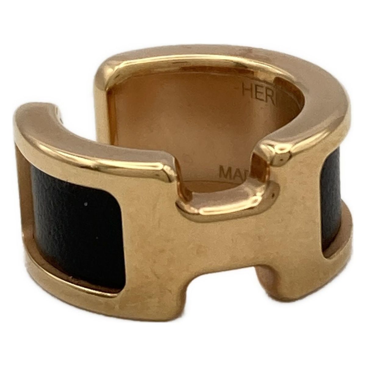 HERMES エルメス イヤリング オランプ レザー 黒×ゴールド イヤーカフ 片側 |25.04