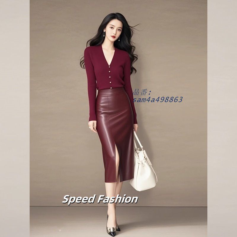 ハイウエスト スリム レザースカート レディース タイトスカート フェイクレザースカート シンプル am4a498863