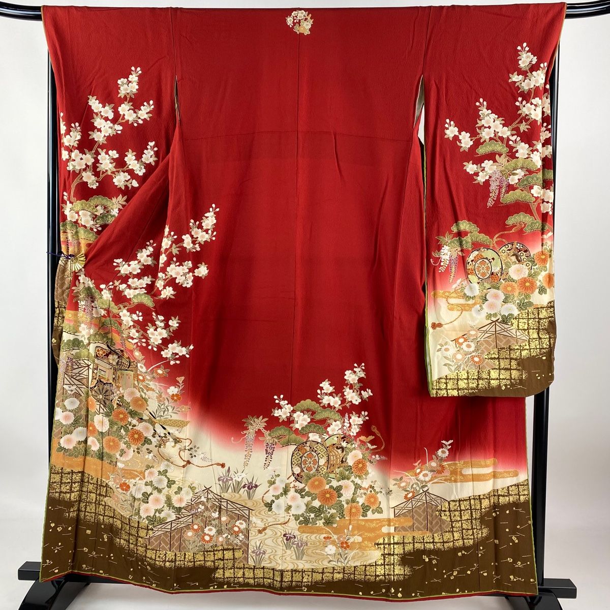 振袖 身丈161cm 裄丈66.5cm M 袷 ふき綿仕立て やまと 御所車 桜 金糸 