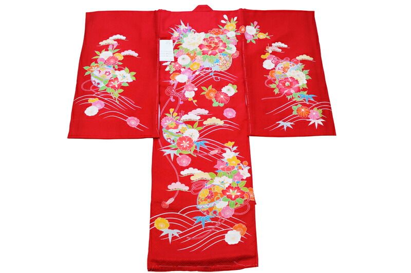 【販売品】 女児お宮参り着-No.113（地色：赤色/産着/初着/のしめ/お宮参り/女の子/手描き友禅）