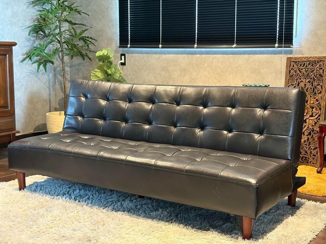 希少　3Pソファ　ソファベッド　ブラックレザー　ボタンダウン　ヴィンテージ　IH 希少 3Pソファ ソファベッド ブラックレザー ボタンダウン
