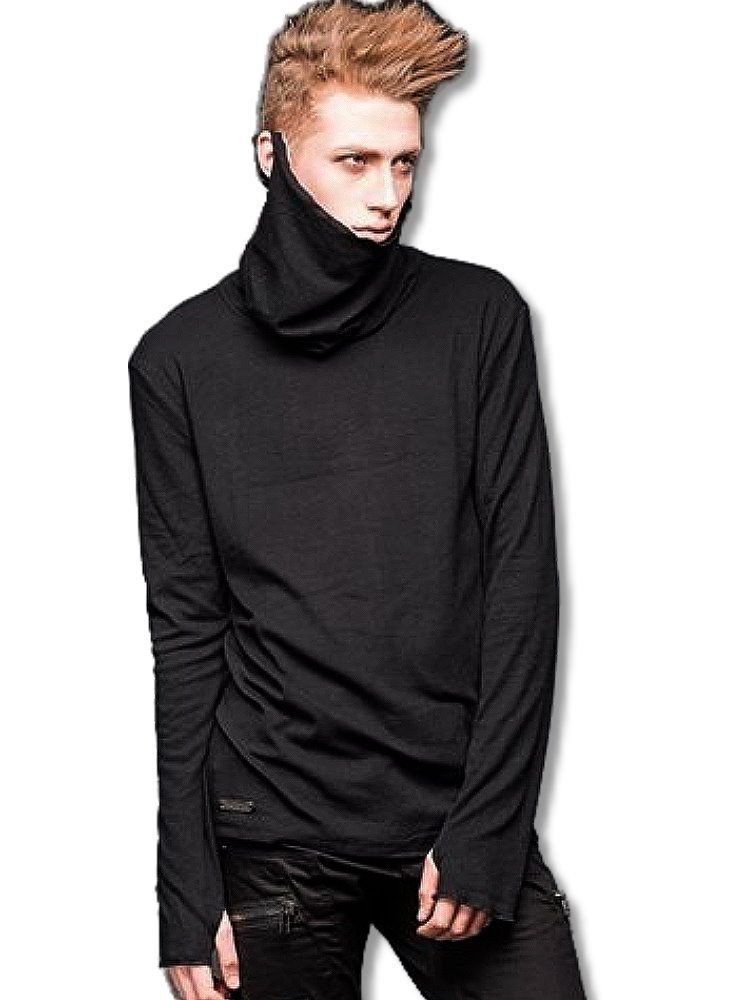 ゴシック ファッション メンズ カットソー 長袖 無地 マスク襟 服 黒 送料無料 |rfa202