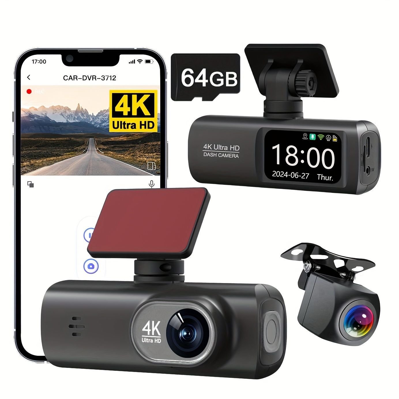 フロント＆リアカメラ付き4KウルトラHDダッシュカム ナイトビジョン Gセンサー 24時間駐車監視 170度広角 ループ録画 WiFi対応 64GBマイクロSDカード付属 - 全ての車両に最適 ナイトビジョン録画用 | コンパクトなダッシュカム | 高解像度