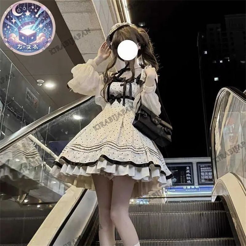 星 2025 白黒ドット柄 フリルリボン付き プリンセス風 ワンピース 小柄女子向け 着痩せ スウィートロリータ シングルスカ