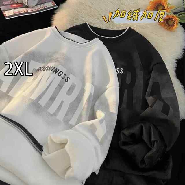 [2XL]秋冬 メンズ  服 シンプル ファッション オシャレ 大人 かっこいい 大きいサイズ ストリート 紳士服 秋冬 フェイク ツーピース レター ラウンドネック スウェット シャツ 厚手 アメリカン