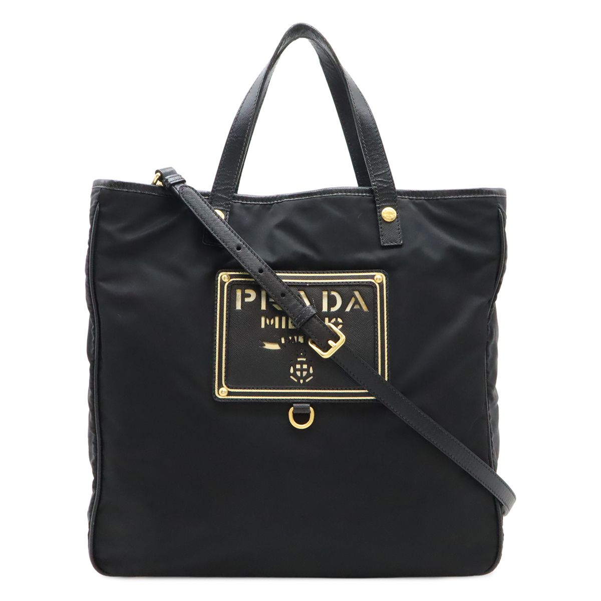 【PRADA】トートバッグ　ロゴ金具　リボン　ナイロン　ブラック PRADA】トートバッグ ロゴ金具 リボン ナイロン ブラック