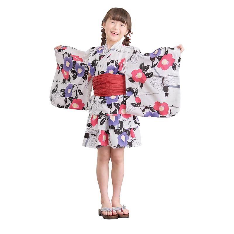 アリサナ 浴衣 こども 女の子 セパレート 子供 上衣 スカート 兵児帯の3点セット ツバキ猫ホワイト 140 cm