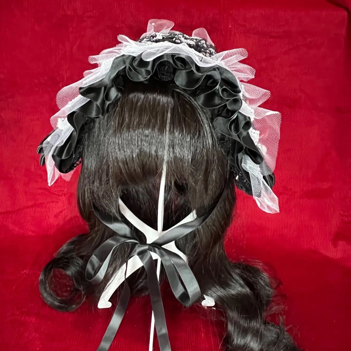 黒のプリンセス 2Wayヘッドドレス アゴヒモ収納 ロリータ ゴスロリ パール ハート コンカフェ メイド フリル チュール アイドル 散歩 お嬢様 おでかけ 散策